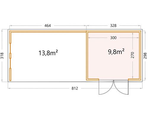 Grundriss eines Gartenhauses mit den Maßen 812 mal 318 cm und einer Fläche von 13,8 Quadratmetern sowie einem Anbau von 9,8 Quadratmetern