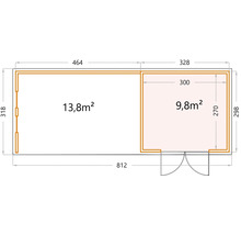 Gartenhaus Classico 3330 inkl. Lounge 4530 links mit Seitendach, Rück- und Seitenwand inkl. Fenster 812 x 318 cm granitgrau