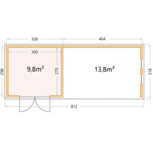 Gartenhaus Classico 3330 inkl. Lounge 4530 rechts mit Seitendach, Rück- und Seitenwand inkl. Fenster 812 x 318 cm weiß