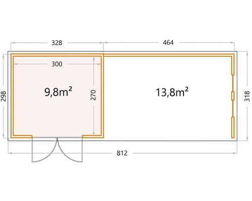 Plan d''un abri de jardin mesurant 812 sur 318 centimètres.