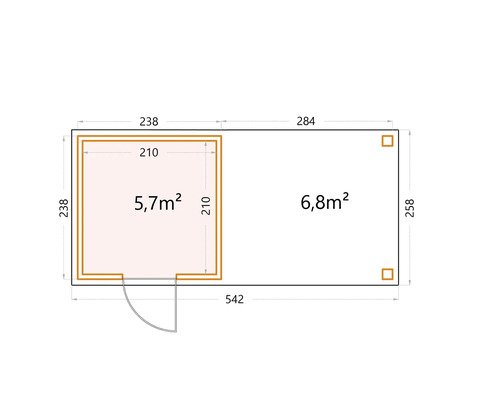 Plan d''un abri de jardin mesurant 542 x 258 centimètres.