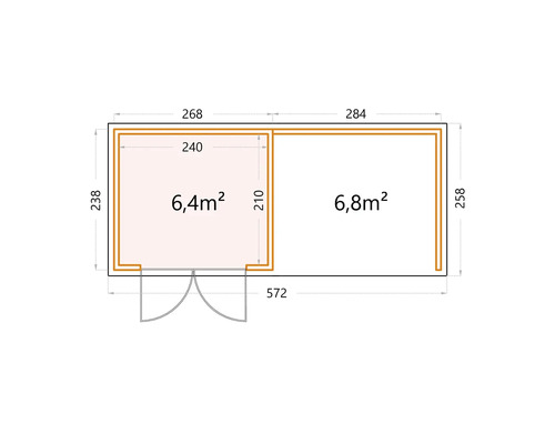 Plan d''un abri de jardin avec deux pièces et indication des surfaces
