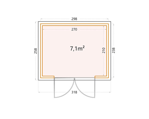 Plan d''un abri de jardin mesurant 298 x 258 cm avec une superficie de 7,1 m²