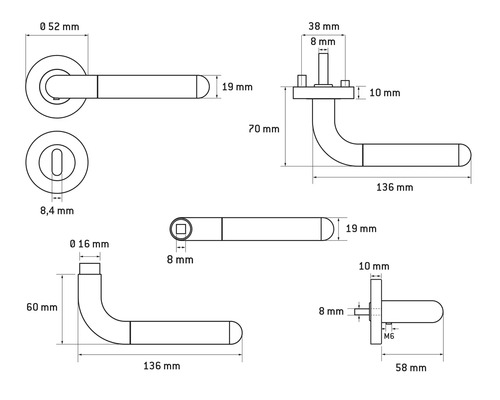 Dessin technique d''une poignée de porte avec indications de dimensions