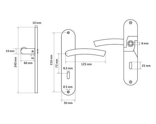 Technische Zeichnung einer Türgarnitur mit Maßangaben