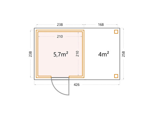 Plan d''un abri de jardin avec des dimensions de 426 x 258 cm et une répartition des pièces de 5,7 m² et 4 m²