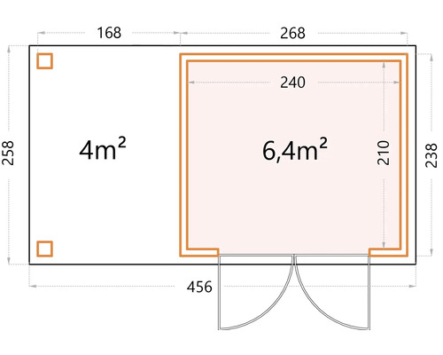 Plan d''un abri de jardin avec indication de la surface en mètres carrés et des dimensions en centimètres.