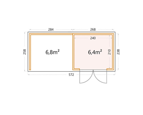 Plan d''un abri de jardin avec indication de la surface en mètres carrés et dimensions en centimètres