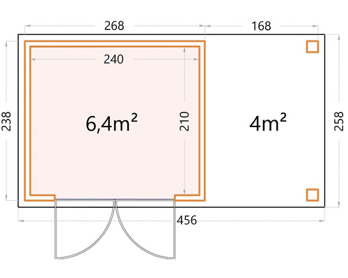 Plan d''un abri de jardin avec les indications de surface de 6,4 mètres carrés et 4 mètres carrés
