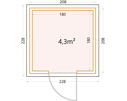 Plan d''un abri de jardin d''une superficie de 4,3 mètres carrés avec une porte
