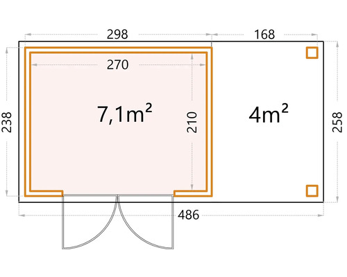 Grundrisszeichnung eines Gartenhauses mit Maßangaben