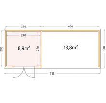Gartenhaus Classico 3030 inkl. Lounge 4530 rechts mit Seitendach, Rück- und Seitenwand 782 x 318 cm lichtgrau