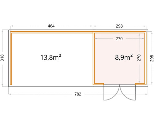 Grundriss eines Gartenhauses mit den Massen 782 mal 318 cm