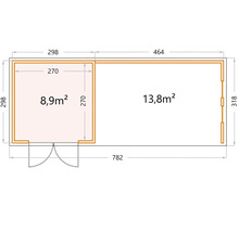 Gartenhaus Classico 3030 inkl. Lounge 4530 rechts mit Seitendach, Rück- und Seitenwand inkl. Fenster 782 x 318 cm lichtgrau