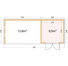 Gartenhaus Classico 3030 inkl. Lounge 4530 links mit Seitendach, Rück- und Seitenwand inkl. Fenster 782 x 318 cm weiß