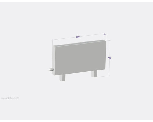 Radiateur avec indications de dimension : 800 millimètres de large, 500 millimètres de haut et 80 millimètres de profondeur.