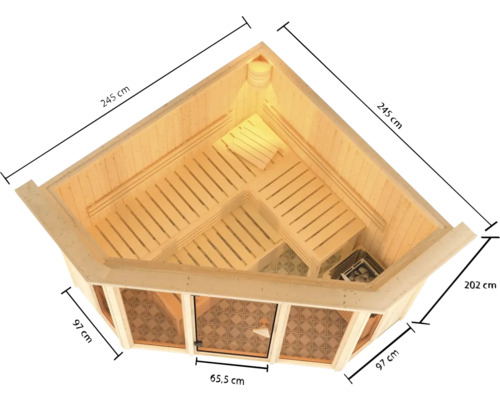 Sauna d''angle en bois avec porte et bancs, dimensions 245 x 245 x 202 cm