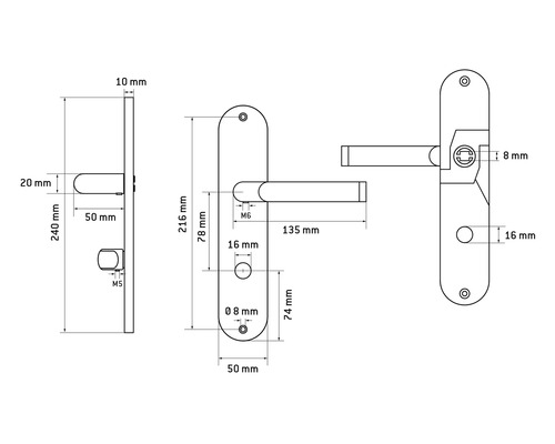 Technische Zeichnung eines Türgriffs mit Maßangaben