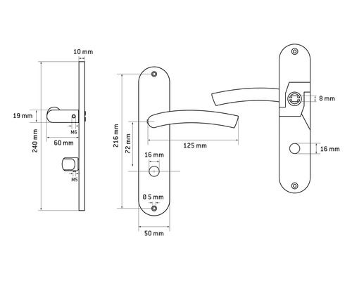 Schéma technique d''une poignée de porte avec dimensions