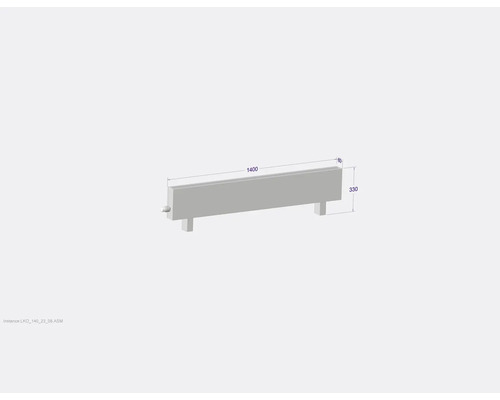 Radiateur avec les dimensions 1400 x 330 x 80 millimètres.