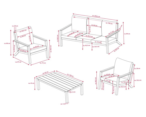 Schéma coté d''un ensemble de meubles de jardin comprenant un canapé, des fauteuils et une table avec les dimensions