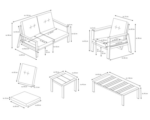 Technische Zeichnung einer Loungegruppe mit Sofa, Sessel, Kissen, Beistelltisch und Couchtisch mit Maßangaben