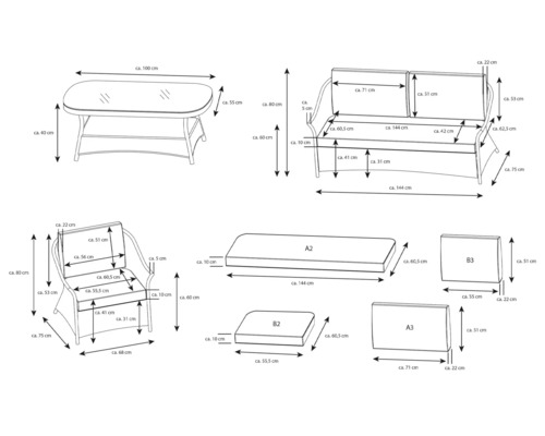 Dimensions de la table de jardin, du banc de jardin, du fauteuil de jardin et des coussins