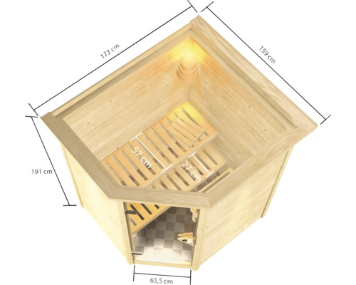 Sauna d''angle avec indications de longueur, largeur et hauteur