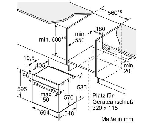 Technische Zeichnung eines Einbaubackofens mit Maßangaben für den Einbau
