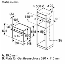 Technische Zeichnung eines Ofens mit Maßangaben in Millimetern.