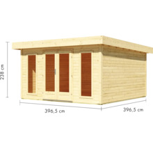 Gartenhaus aus Holz mit einer Höhe von 238 Zentimeter und einer Breite von 396,5 Zentimeter