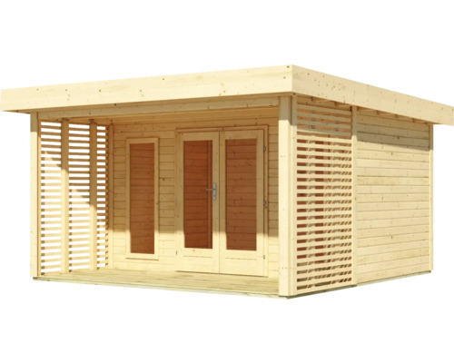 Abri de jardin en bois avec double porte et lamelles latérales