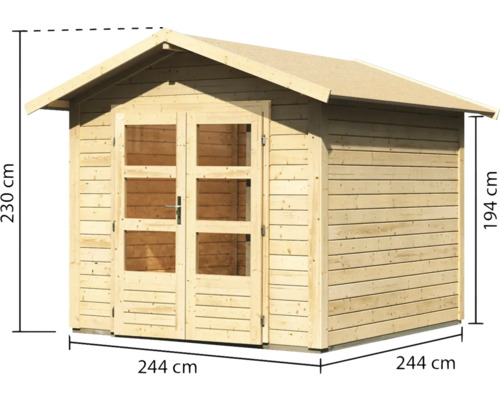 Abri de jardin en bois avec double porte et dimensions 244 x 244 x 230 centimètres