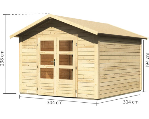 Abri de jardin en bois avec double porte et dimensions 304 x 304 x 238 cm