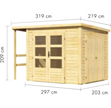 Abri de jardin en bois avec annexe et indications de dimensions