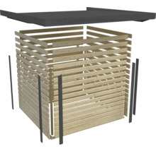 Plan en éclaté d''une cabane de jardin en lattes de bois avec toit