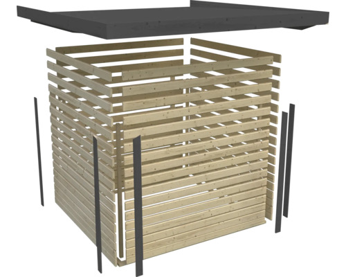 Plan en éclaté d''une cabane de jardin en lattes de bois avec toit