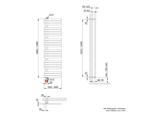 Technische Zeichnung eines Handtuchwärmers mit Maßangaben