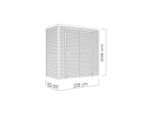 Abbildung eines Gerätehauses mit den Maßen 208 x 208 x 103 cm.