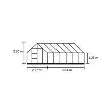 Image d''une serre avec les dimensions suivantes : 2,30 mètres de hauteur, 2,57 mètres plus 3,84 mètres de longueur et 1,23 mètre de hauteur latérale