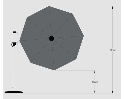 Illustration eines Sonnenschirms mit Seitenmast und Maßangaben