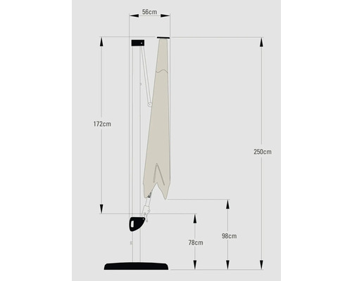 Technische Zeichnung eines Sonnenschirms mit Maßangaben.