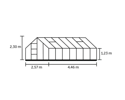 Abbildung eines Gewächshauses mit Maßangaben für Höhe, Länge und Breite