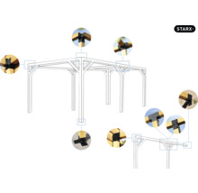 Illustration d''un pavillon avec vues détaillées des assemblages d''angle et logo Starx.