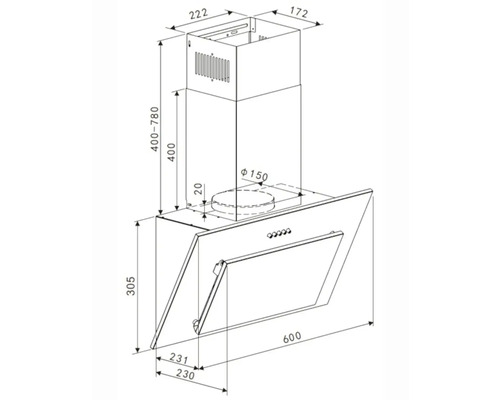 Schéma technique d''une hotte aspirante avec indications de dimensions.