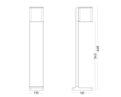 Technische Zeichnung einer Wegeleuchte mit Maßangaben