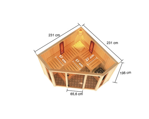 Dimensions d''un sauna en bois avec poêle, bancs et porte vitrée.