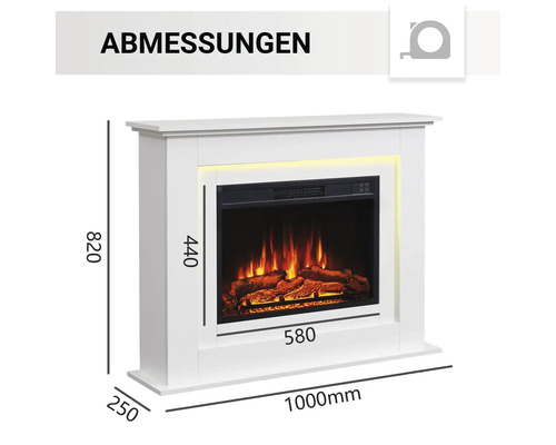 Abmessungen eines weißen Elektrokamins mit simuliertem Feuer und Holzscheiten