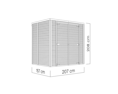 Abbildung eines Gerätehauses mit den Maßen 208 x 207 x 157 Zentimeter.