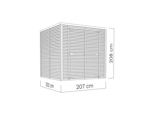 Illustration eines Gartenhauses mit den Maßen 208 cm Höhe, 202 cm Breite und 207 cm Tiefe